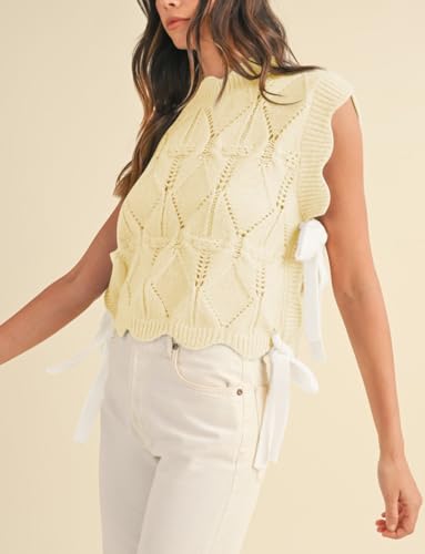 Image of Women Side Tie Sweater Vest Scallop Trim Mock Neck Knit Vest Bow Lace Up Ribbon Sweater Tank Top Knitwear