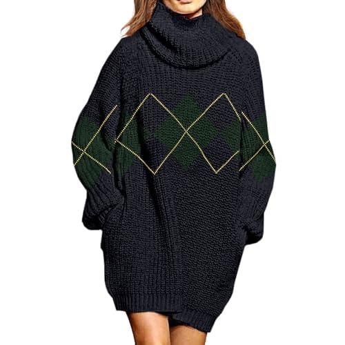 Pink Queen Women's Loose Turtleneck Oversize Long Pullover Sweater Dress Plaid Navy Blue Medium