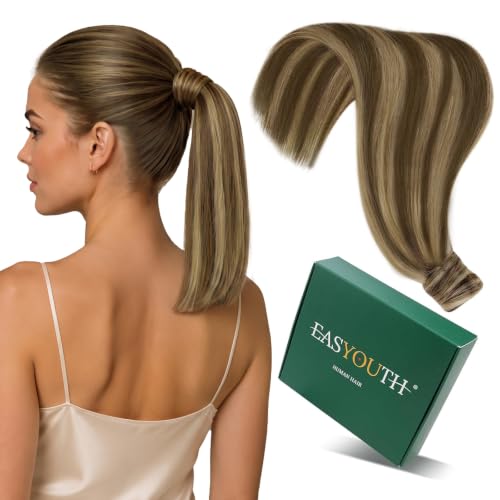 Image of Easyouth Ponytail Extension Human Hair Brown, Short Straight Hair | 12 Inch 70G, Wrap Around Ponytail Extension Human Hair, Medium Brown Highlight Blonde, Add Volume, for Women