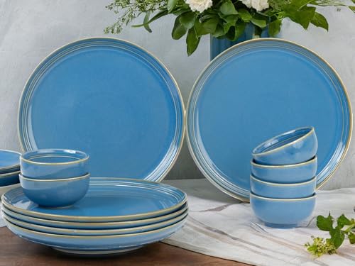 Image of Bodhi House Handcrafted Chip Resistant Porcelain Dinner Set, 12 Pieces Dish Set Serving for 6, Microwave and Dishwasher Safe, Bone-ash Free, Crockery Set for Dining and Gifting, Mid Blue
