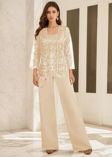 3 Pieces Mother of The Bride Pant Suits for Wedding Long Sleeve Chiffon Lace Formal Outfits for Women 2025 with Jackets2