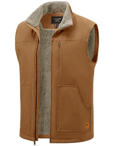 Cotrasen Mens Vest Cotton Work Vest Sherpa Lined Casual Outerwear Fleece Warm Sleeveless Jackets Tan M