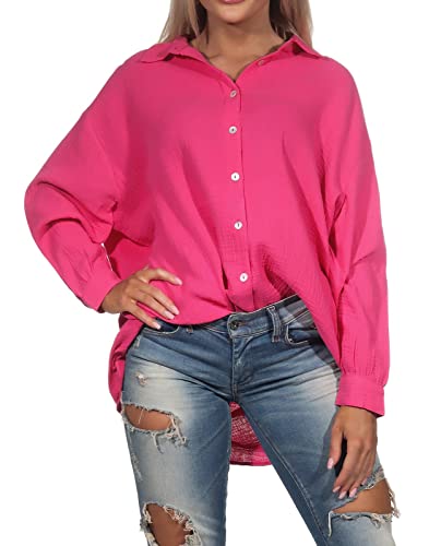 Sublevel Damen Long Musselin-Bluse LSL-450 Oversize Langarm-Hemd Dark Pink...
