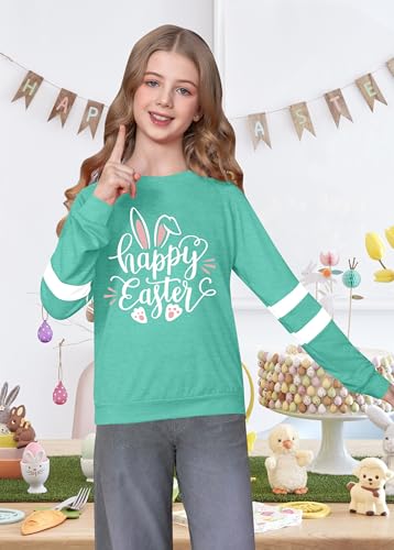 Image of LAZYCHILD Kids Easter Shirt Girls Happy Easter Shirts Rabbit Graphic Long Sleeve Striped Tee Tops 5-14 Years