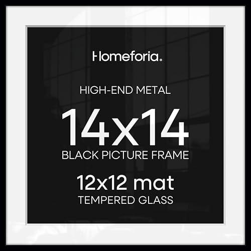 Image of Homeforia 14x14 Picture Frame Black, High End Metal 14 x 14 Square Poster Frames with Mat 12 x 12 Photo, 14x14 Black Frame Matted to 12x12 Print, 14by14 Thin Frames, Tempered Glass, Wall Kit, Set of 4