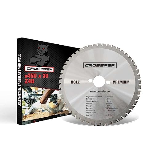 Hoja de sierra circular de metal duro, 450 x 30 mm, Z40 WZ, diente alternado para sierra circular de mesa, sierra circular manual, sierra ingletadora y sierra circular basculante. Hoja de corte grueso para cortes longitudinales y transversales en el procesamiento de madera y leña.