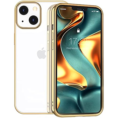 zelaxy Clear Transparent Case Compatible with iPhone 13 (6.1) PC Hard Back Crystal Shell - Electroplated Metallic Frame Edge - Gold Cover