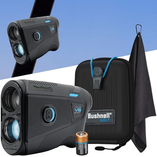 Bushnell Golf Tour V6 Shift Laser Rangefinder, Black | Slope Compensation, PinSeeker, Magnetic Mount, 6X Magnification, 1300 Yard Range, 3D Flyovers in App, Signature Series Golf Towel Bundle