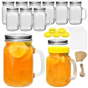 QAPPDA Mason Jars with Handle, Glass Mugs with Straws and Sliver Lids 12 Pack,16oz Drinking Jars,Smoothie Cups for Juice,Coffee,Iced Tea and Lemonade