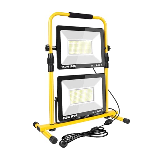 PICAA Luz LED de Trabajo 300W 30000LM Portátil, Foco IP66 Impermeable con H Soporte Telescópico Metálico para Taller, Garaje, Construcción, Sótano, 6000K (Luz Fría), con Enchufe UE&Interruptor