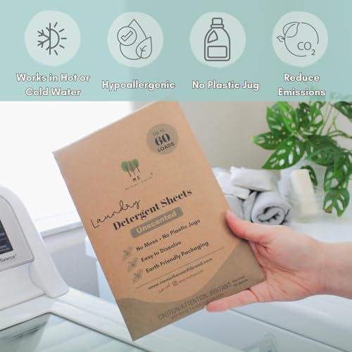 ME Mother Earth Laundry Detergent Sheets - Up to 60 Loads, Ultra-Convenient Concentrated Liquidless Sheets, Hypoallergenic, Plastic-Free & Eco-Friendly Packaging, Travel Friendly - Unscented