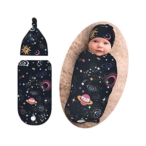 Space Galaxy Newborn Swaddle Blanket with Beanie Set, Soft and Stretchy Baby Blanket Swaddle Sack for Boy and Girl Cover