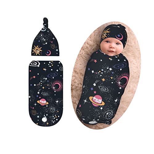 Image of Space Galaxy Newborn Swaddle Blanket with Beanie Set, Soft and Stretchy Baby Blanket Swaddle Sack for Boy and Girl