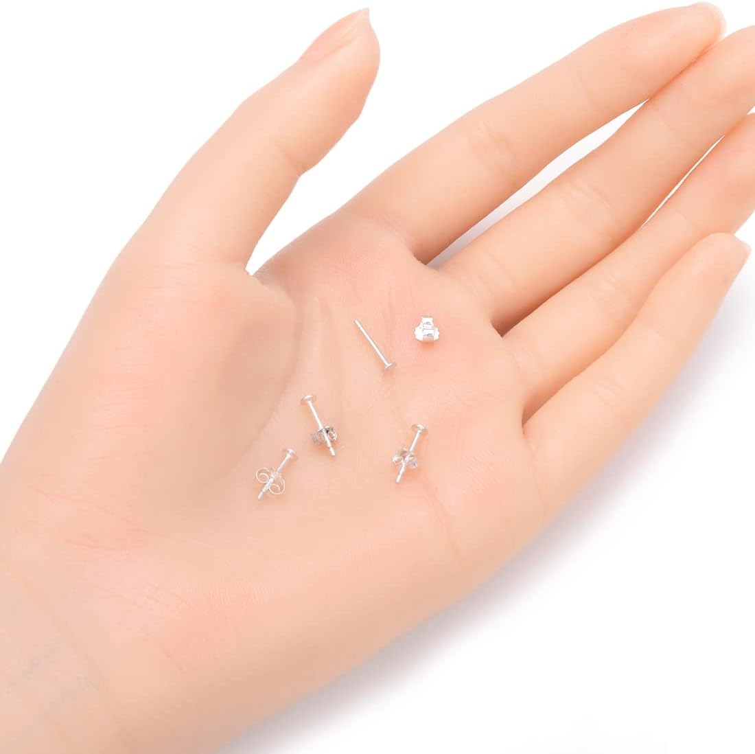 4 Pairs Adabele Authentic 925 Sterling Silver Earrings Posts 0.9mm Pin 3mm (0.12 Inch) Small Flat Board Glue On Setting with Earnut Back Safety Clutches SS319-3