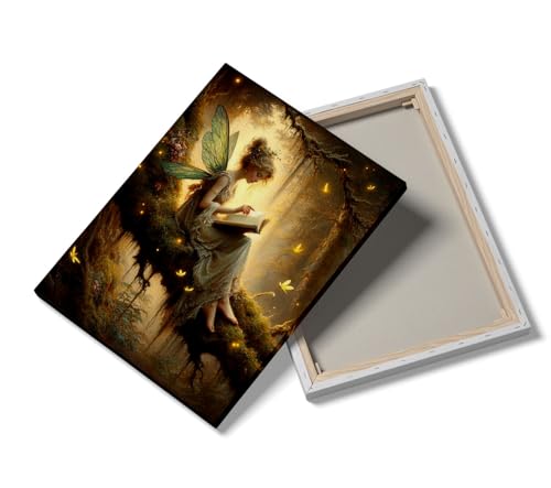 Forest Fairy Sitting On Branch Reading A Book,Vintage Painting Fantasy