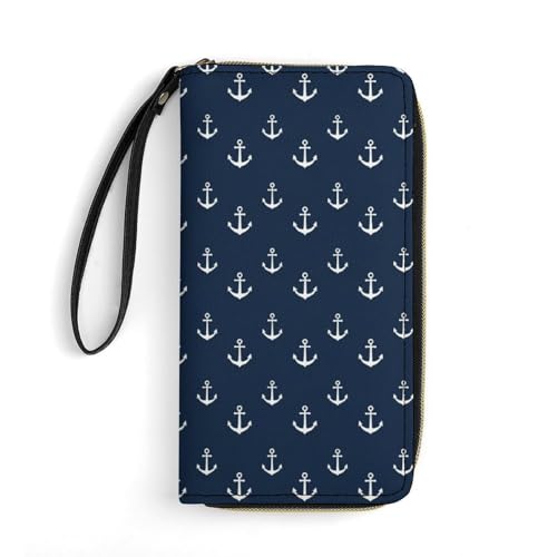 Wallet for Women Blocking Leather Large Capacity Card Holder Wallet Nautical Anchor Navy Blue Ladies Phone Clutch Long Purse Wristlet