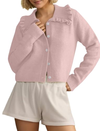 Image of HOCANDY Women Ruffle Collar Cardigan Sweater Preppy Cute Button Up Sweaters