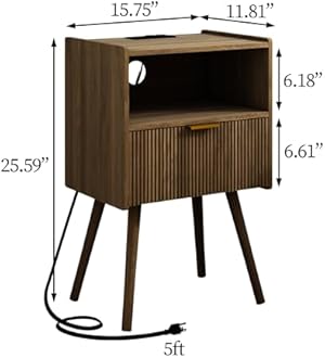 Nightstand with Outlet,Modern Bedside Table with Storage Drawer and Open Wood Shelf, for Living Room, Bedroom and Small Spaces, Accent Night Stand with Solid Wood Legs, Easy Assembly,Brown