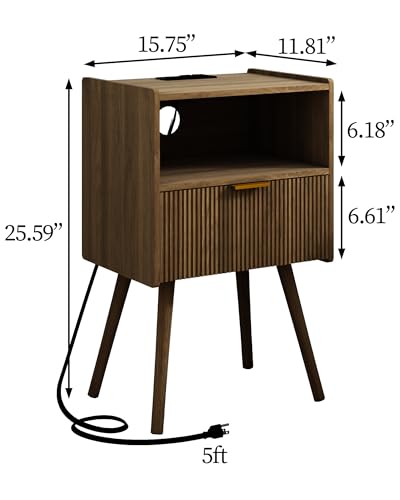 Image of JOONEE Nightstand with Outlet,Modern Bedside Table with Storage Drawer and Open Wood Shelf, for Living Room, Bedroom and Small Spaces, Accent Night Stand with Solid Wood Legs, Easy Assembly,Brown
