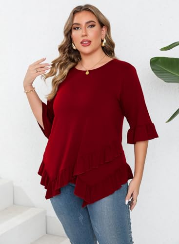 Beauhuty Plus Size Tops for Womens Tunic Ruffled Hem Crew Neck T-Shirts Casual Flowy Blouses 3/4 Ruffle Sleeve2