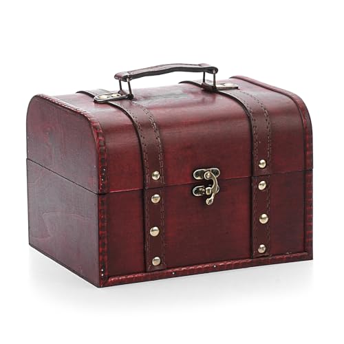 IGNPION Wooden Pirate Treasure Chest Boxes, Vintage Style Gift Box Decorative Jewelry Trinket Storage Chest Box, Wood Keepsake Box for Coin Collection,Letter, (Red, L)