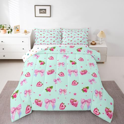 jejeloiu Bowknot Kids Comforter Set Full Size Strawberry Bedding Set