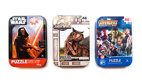 Popular Movie Puzzles Gift Set Bundle - 3 Collectible Puzzle Tins for Boys or Girls Ages 6+ Featuring Jurassic World, Avengers The Infinity War & Star Wars The Force Awakens (48/50 Pieces ea)