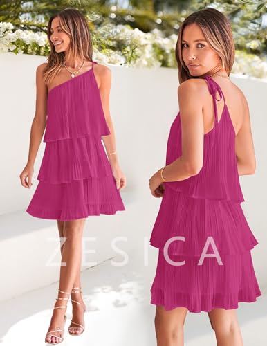 Image of ZESICA Women's Boho Summer One Shoulder Sleeveless Ruffle Tiered Layered Chiffon Pleated A Line Flowy Mini Dress