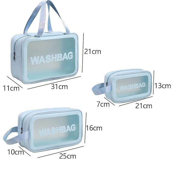 Image of Makeup Pouch Bag PVC Travel Toiletries Organizer Cosmetic Bags Wash Bag Pouch for Travel Kit Toiletry Bag Portable Organizer Case Carry Pouch for Women Bathroom Set of 3 (Blue)