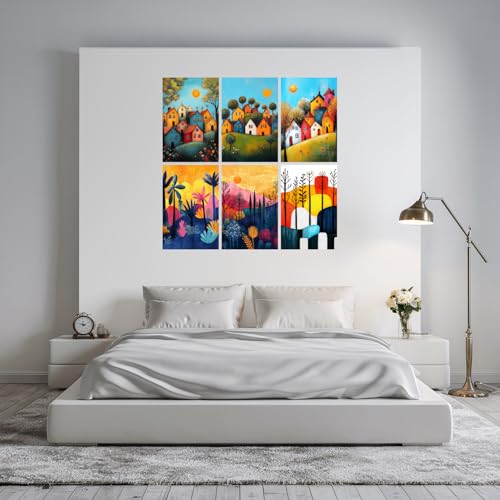 Image of SiddArtify Colorful Village Wall Art Prints Set - Whimsical Landscape Poster Decor for Living Room Bedroom Office - 8x12 Sticker Pack of 6