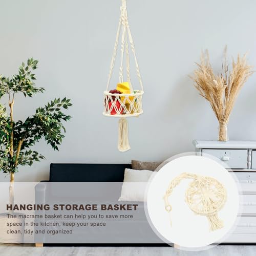 Cesta colgante de macramé tejida a mano en algodón y madera para cocinas elegantes 7