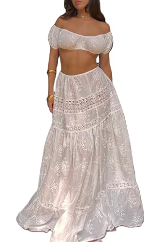 UAURORAO Women Flowy Maxi Skirt 2 Piece Boho Outfits Off Shoulder Crop Top Tiered Ruffle Long Skirt Matching Beach Set