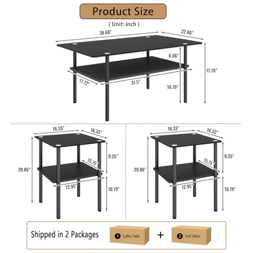 Image of Black Glass Coffee Table Set of 3, Small Coffee Table & 2pcs Square End Table w /Reinforced Frame & Tempered Glass Surface,3 Piece Living Room Table Set for Apartment,Small Space