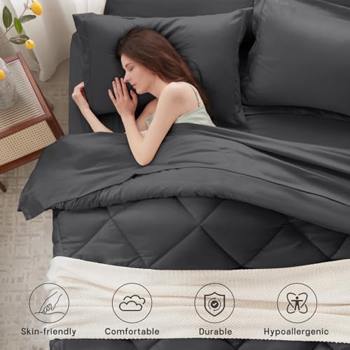 Anluoer Queen Comforter Set,Dark Grey Bed in a Bag 7 Piece,Lightweight Bedding Set with Soft Down Alternative Fill,Bed Set Includes Comforter, Fitted Sheet, Flat Sheet,Pillowcases and Shams