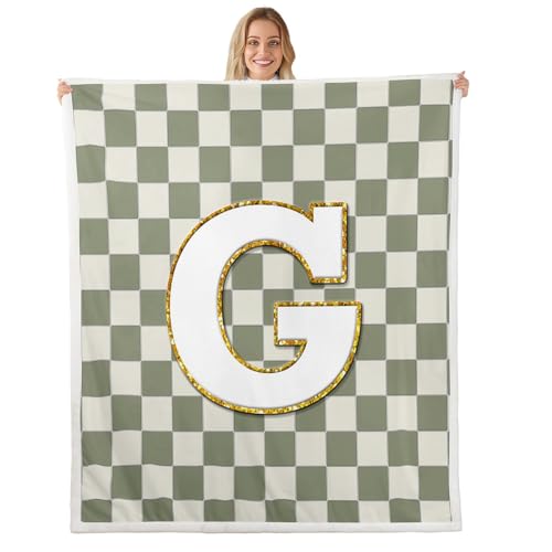 Image of Erosebridal Sage Green Checkered Fleece Blanket Queen 90 inchx90 inch Plaid Initial G Sherpa Blanket Personalized Monogram Fuzzy Plush Throw for Kids Boys Girls,Fashion Grids Gingham Decor for Bed Couch