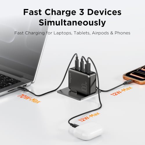 100W GaN III Wegear 3-Port Slim Foldable USB-C Wall Charger Block (Blk or Silver) - image 3