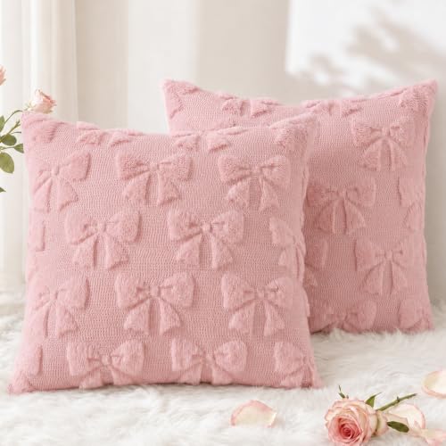 Image of decorUhome Pink Bow Cute Girl Faux Fur Throw Pillow Covers 20x20 Set of 2