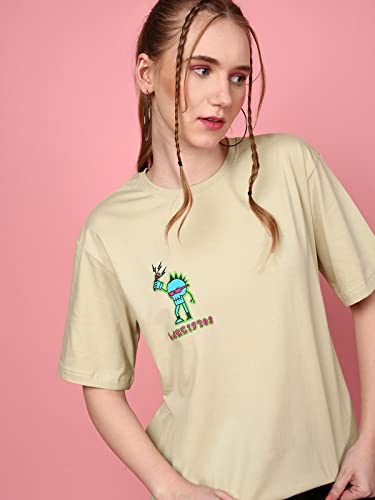 Image of JUNEBERRY Oversized Loose Baggy Fit Drop Shoulder Round Neck Half Sleeve Cool Punk Graphic Printed Pure Cotton Boyfriend T-Shirt for Women