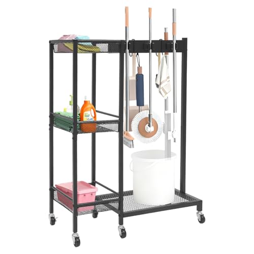 Rolling Cleaning Supplies Organizer with Wheels, Cleaning Trolley with Broom and Mop Holder, Cleaning Tool Organizer for Laundry Room, Kitchen, Garage, Utility Closet