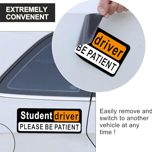 Image of Student Driver Please Be Patient Car Magnet, Black Personality Modeling , Patient With Reflective Magnetic Bumper Sticker Set Detachable, Novice Safety Signs.Set of 3