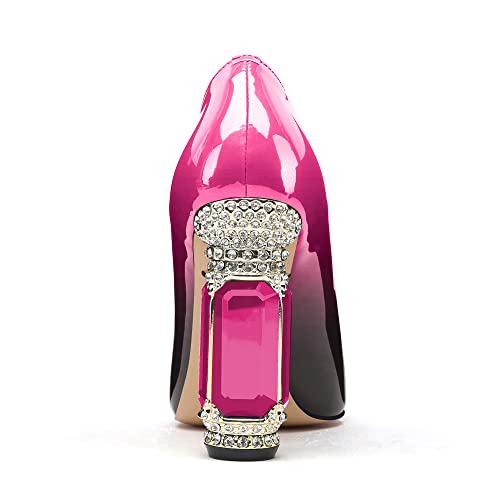 Image of JANSEVEN Women Chunky Heels Pumps Crystal Block Heels with Rhinestones Pointed Toe Sexy Gradient Patent Leather Slip on Bridal Party Wedding Dress Shoes 5-13 M US