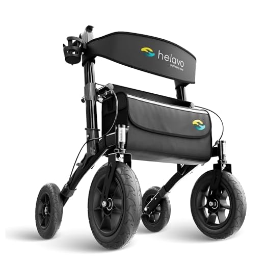 Helavo Outdoor Rollator with Pneumatic Tyres - Foldable Rollator with Seat & Backrest for Outdoor Use - Comfortable & Shock Absorbing 12 inch/10 Inch Large Wheels - Walking Aid for Forest Paths, Grass