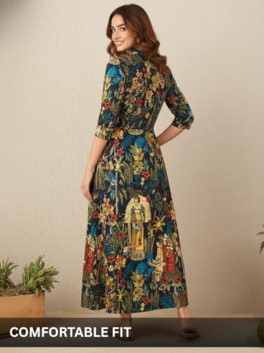 Image of Leriya Fashion Dress for Woman Rayon Printed Maxi Dress | V Neck Half Sleeve Flared Casual & Party Look Long Dress