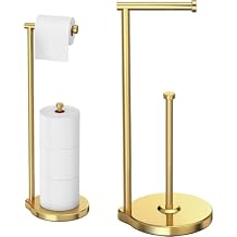 theaoo Heavy-Duty Toilet Paper Holder Stand Modern Freestanding Bathroom Toilet Tissue Paper Roll Holder with Reserve & Storage, Stainless Steel Gold, Free Standing