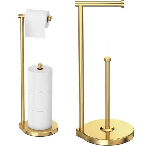 theaoo Heavy-Duty Toilet Paper Holder Stand – Modern Freestanding Bathroom Toilet Tissue Paper Roll Holder with Reserve & Storage, Stainless Steel (Gold, Free Standing)