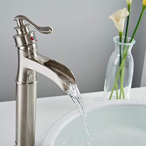 Bathroom Faucet Brushed Nickel Vessel Sink Faucet Bath Waterfall Spout Single Handle Single Hole Commercial With Pop Up Drain None Overflow Tall Basin Mixer Tap Deck Mount Supply Hose Lines Lead-Free #TOP6