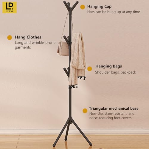 Image of LEOPAX Metal Premium Coat Rack Freestanding Tree Shape Coat,Towel, Hat Stand With 9 Hooks for Livingroom, Bedroom, Hallway - Black - Use Light Weight Clothes, 46X46X170 Cm