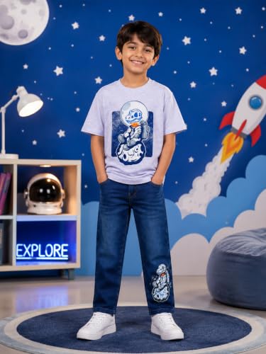 Image of KiddoPanti Boys Printed Co-Ords Set | 100% Cotton & Cottnon Spandex Woven | Drop Shoulder Tshirt with Jeans | Graphic Printed Design| Outerwear For Kids