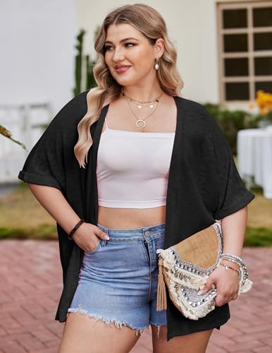 IN'VOLAND Womens Plus Size Lightweight Cardigan Open Front Short Sleeve Casual Loose Fit Beach Cover Up3