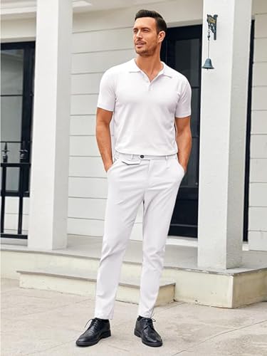 Image of Mens Chinos Slim Fit Pants Stretch Tapered Dress Pant Casual Trousers | Skinny Slacks, Flat Front Design, Stretch Cotton Fabric, Solid or Plaid, Work Dress Pants, Business Casual Wear